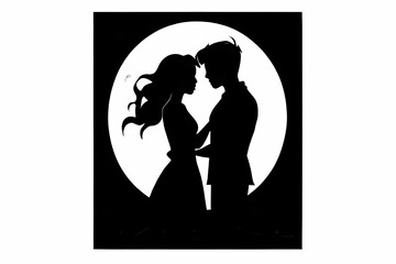 Vintage wood cut woodut of a young couple in love silhouette. man woman