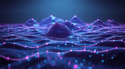 A blue and purple ocean with a lot of dots on it. The dots are connected to each other, creating a network. The image has a futuristic and otherworldly feel to it - obrazy, fototapety, plakaty