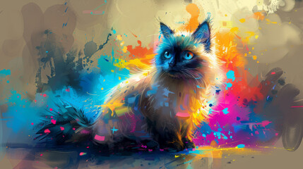 A cat is sitting on a table with colorful splatters around it. The cat has a blue eye and is looking at the camera. The splatters around the cat give the image a playful and whimsical mood