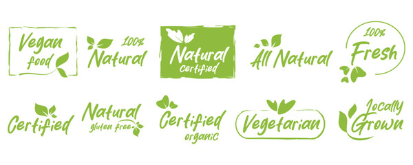 Organic food, natural product stickers, badge and tag for organic, natural products promotion, food market and more.