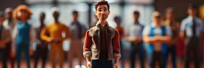 A toy man standing in front of a group of people. 