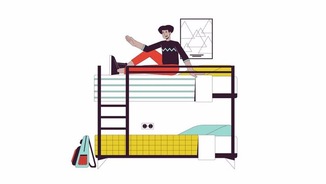 Latino man sitting up in bunk bed line 2D character animation. Hispanic guy on bunkbed flat color cartoon 4K video, alpha channel. Student in dorm waving hand animated person on white background
