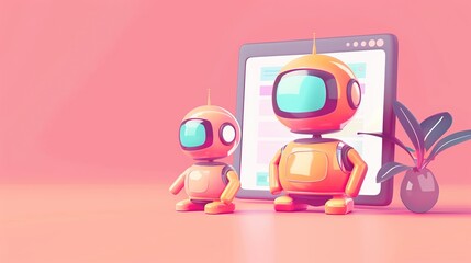 Cute Cartoon Robots with Digital Tablet - 781932058
