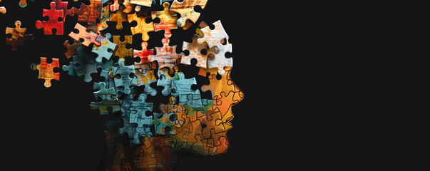 Human head profile and jigsaw puzzle, cognitive psychology or psychotherapy concept, mental health, brain problem