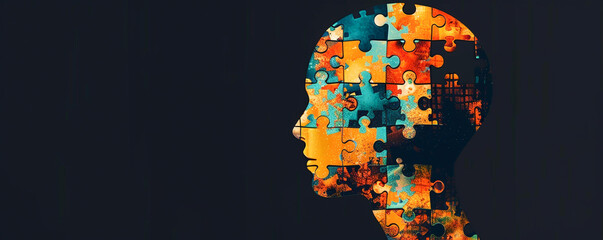 Human head profile and jigsaw puzzle, cognitive psychology or psychotherapy concept, mental health, brain problem