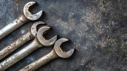 Four rusty wrenches are lined up on a grey surface. The wrenches are old and worn, but they still have some life left in them. Concept of nostalgia and the passage of time