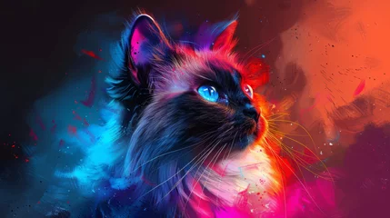 Wandaufkleber A cat with blue eyes is the main focus of the image. The cat is surrounded by a colorful background, which adds a vibrant and lively atmosphere to the scene © Дмитрий Симаков