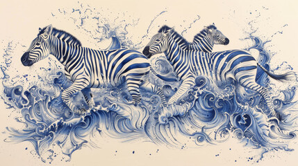 Three zebras running in the ocean. The water is blue and white - obrazy, fototapety, plakaty