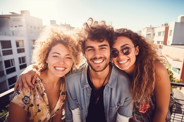 Three young friends sharing a joyful moment on a sunny urban balcony, exuding warmth and togetherness in a casual, friendly gathering.