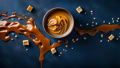 Bowl of melted caramel cream on dark blue background. top view.
