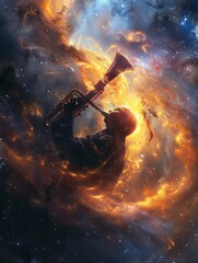 Bagpipes, inflating with the gas of nebulae, playing creates a visual symphony of swirling galaxies, against a cosmic backdrop, clear and majestic