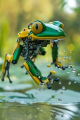 Closeup of a robot frog, hydraulic limbs, glossy green and yellow, midjump, against a softfocus pond background