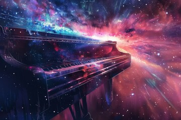 Grand piano, black hole vortex as the soundboard, keys emitting soft, colorful auroras, against a backdrop of twinkling stars, fantasyfilled