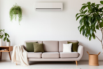 A modern and stylish living room with an air conditioner, featuring minimalist decor and a view of greenery outside.