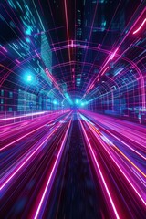 Highspeed wireframe trains intersecting, station perspective, streaks of light in magenta and cyan, modern and clear