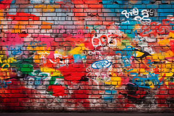 A colorful graffiti-covered brick wall, showcasing vibrant street art and urban creativity.