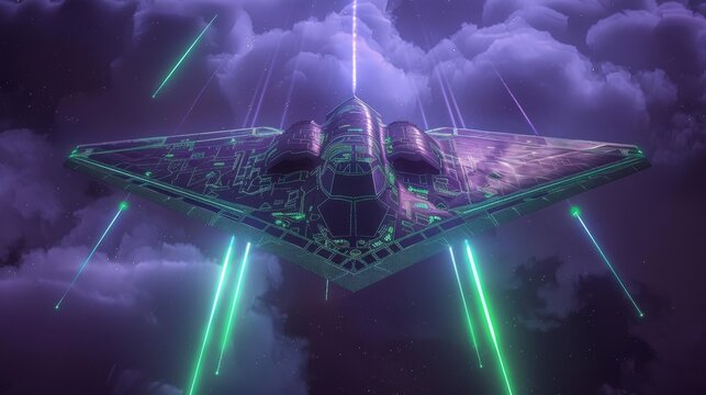 Stealth bomber in wireframe, night sky, illuminated by green and purple HUD lines, detailed, from below
