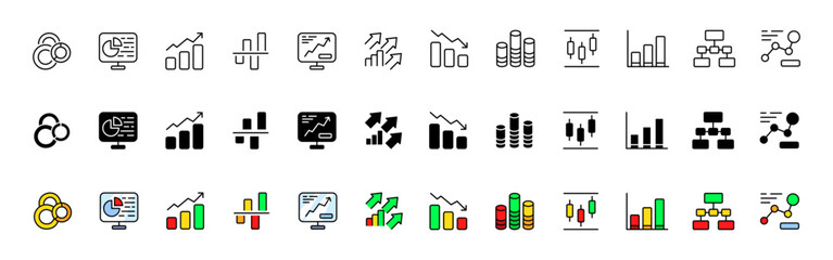 Graph icon collection. Chart set. Linear, silhouette and flat style. Vector icons