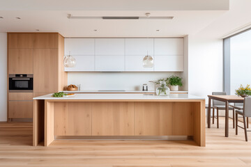 A sleek, modern kitchen interior featuring a spacious design with minimalist decor, wooden furnishings, large windows allowing natural light, and subtle plant decorations enhancing the cozy, elegant a