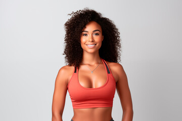 Fototapeta premium A smiling, confident woman in athletic sportswear, portraying health and fitness motivation.