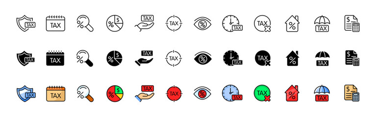 Tax icon collection. Price icons. Linear, silhouette and flat style. Vector icons