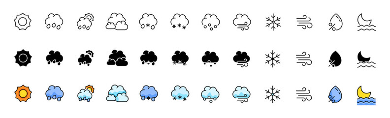 Weather icon collection. Weather set. Linear, silhouette and flat style. Vector icons