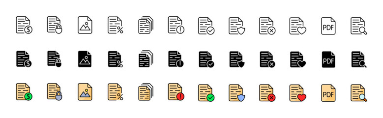 Document icon collection. Linear, silhouette and flat style. Vector icons