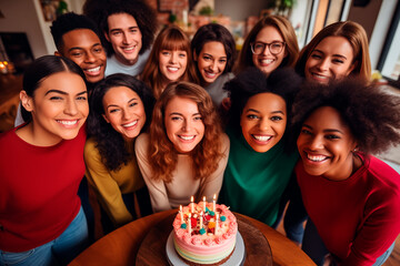 Fototapeta premium A diverse group of friends celebrating a birthday with a cake and candles.
