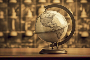 old retro globe with a map in the background, monochrome - 781933614