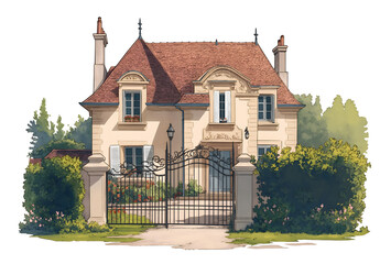 Classic French house isolated on transparent Background.