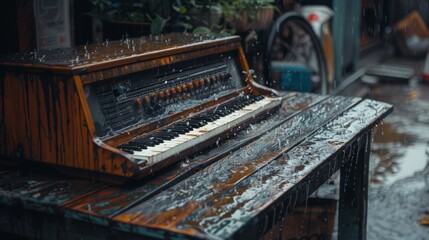 Fototapeta premium A piano is sitting on a table in the rain