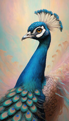 Obraz premium Fantasy Illustration of a wild Peafowl. Digital art style wallpaper background with peacock in pastel colors.