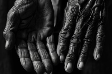 Fototapeta na wymiar Two hands with wrinkled skin, one of which is holding the other