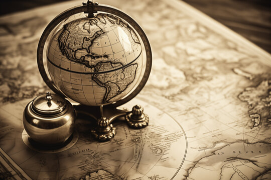 old retro globe with a map in the background, monochrome
