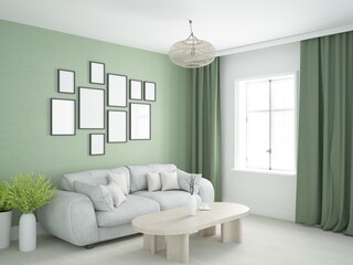 Wnętrze boho urban jungle z zieloną dekoracyjną ścianą wygodną sofą z poduszkami i ramkami na ścianie - obrazy, fototapety, plakaty
