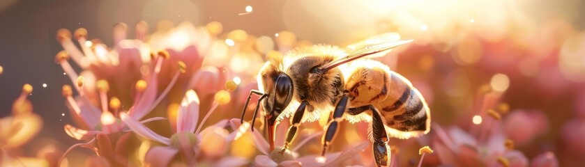 A bee is on a yellow flower - obrazy, fototapety, plakaty
