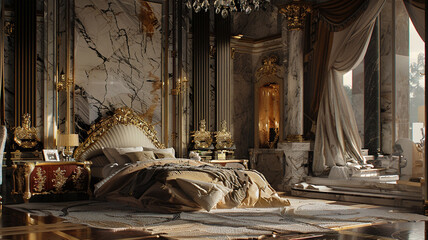 Design a luxurious bedroom with marble-inspired elements, evoking a sense of opulence and grandeur. - obrazy, fototapety, plakaty