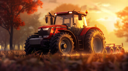 Sunset Plowing. A tractor is equipped with a plow, working the field at sunset. The scene is illuminated by the warm glow of the setting sun. 