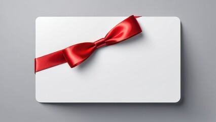 Clean and Classic Blank White Card with Red Ribbon Bow, Grey Background, Minimalist Style
