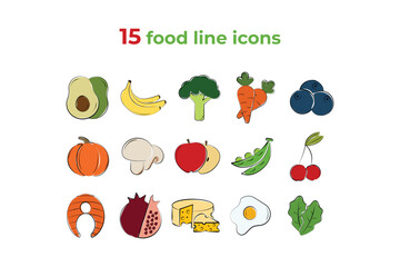 15 colored food icons. Included the icons as fruits, vegetables and berries.Outline icons collection of healthy detox natural products. Vector illustration EPS 10