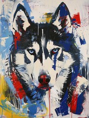 Abstract Husky Dog Portrait in Vibrant Paints - 781934289