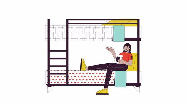 Indian woman with book sitting on bunkbed line 2D character animation. Female on bunk bed flat color cartoon 4K video, alpha channel. Student girl in dorm nodding animated person on white background