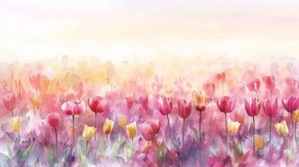 Whimsical Watercolor Tulip Field at Sunrise