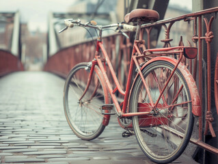 Red Vintage Bicycle on a Stone Bridge