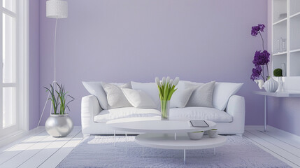 Creating a serene and tranquil living room with soft lavender walls, crisp white furnishings, and...