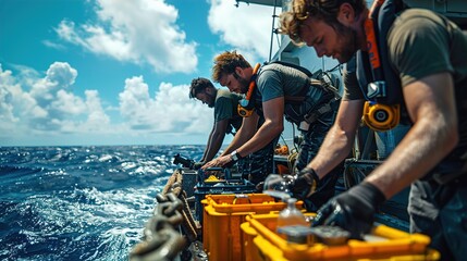 marine crew conducting oceanographic research at sea, working together on the ship's deck surrounded by waves