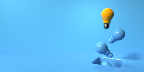 One out unique idea light bulb with a hole on the floor - 3D render - obrazy, fototapety, plakaty