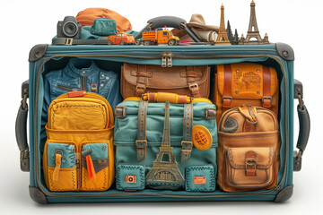 Organized suitcase with travel accessories - obrazy, fototapety, plakaty