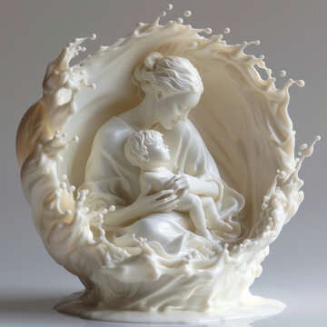 milk splash sculpt forms a mother and child figture from a glass, white background