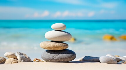 Vacation relax summer holiday travel tropical ocean sea panorama landscape - Close up of stack of round pebbles stones on the sandy sand beach, with ocean in the background